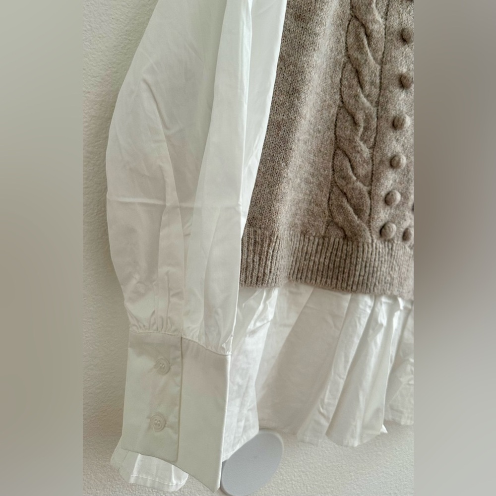 NEW Fate Tan Crew Neck Cable Knit Sweater Vest with Attached white Blouse - Picture 5 of 7